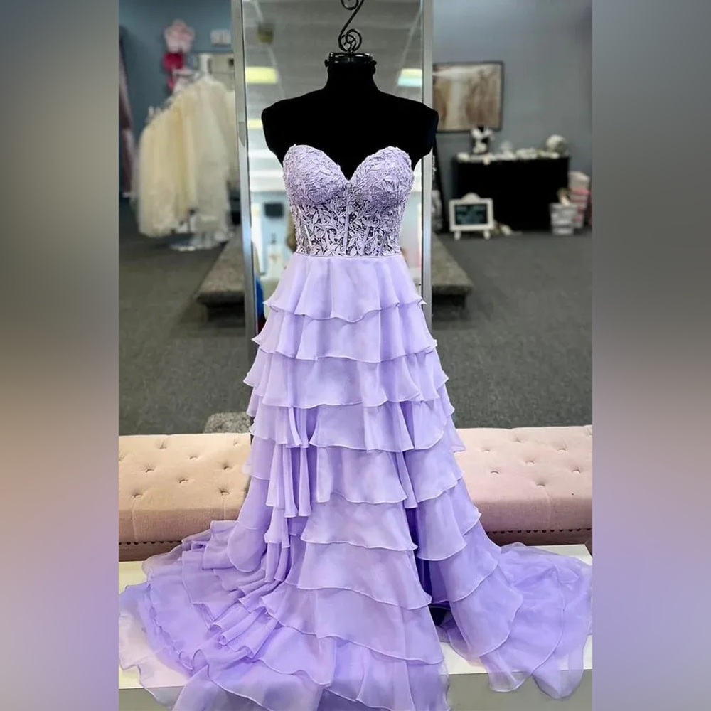Sherri Hill Lilac Chiffon Sweetheart Ruffle Tiered Long Prom Dress